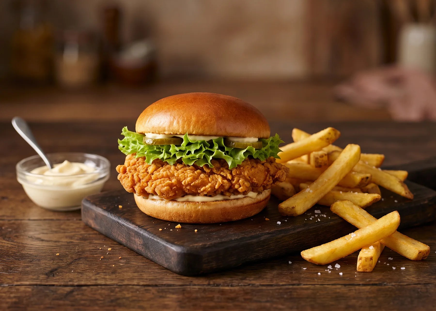 Crispy chicken burger and fries
