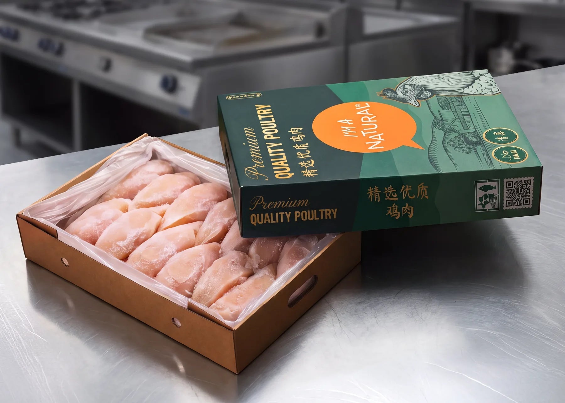 I'm A Natural Premium Quality Poultry pack in a professional kitchen