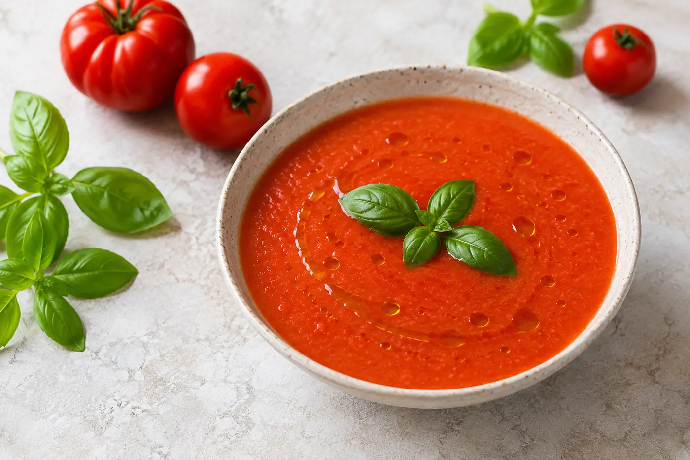 Chilled tomato and basil gazpacho with grapeseed oil