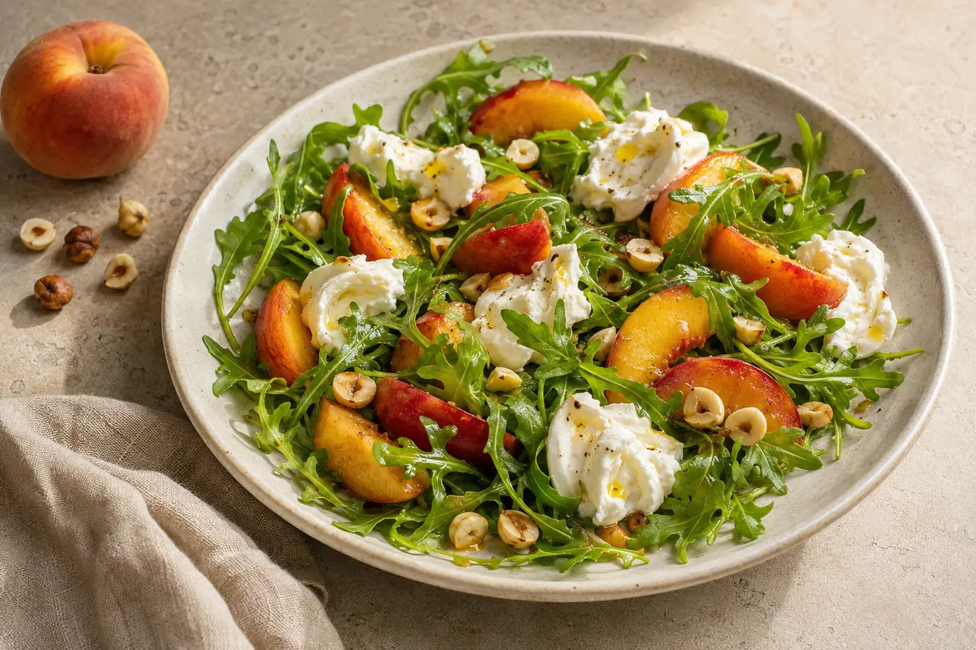 Peach, burrata and rocket salad with hazelnut oil