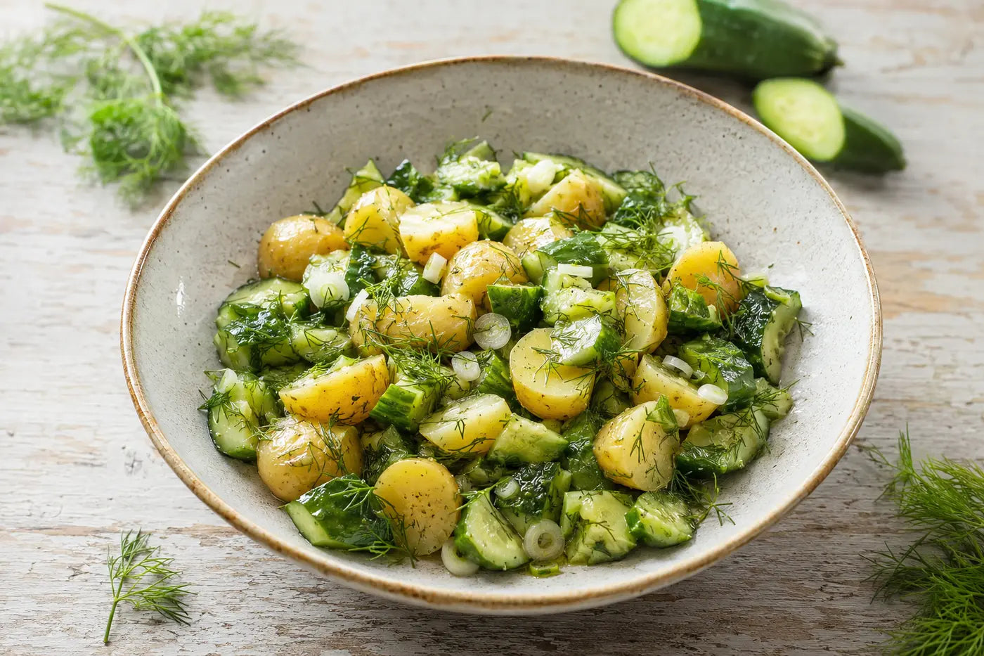 New potato and smashed cucumber salad with camelina oil