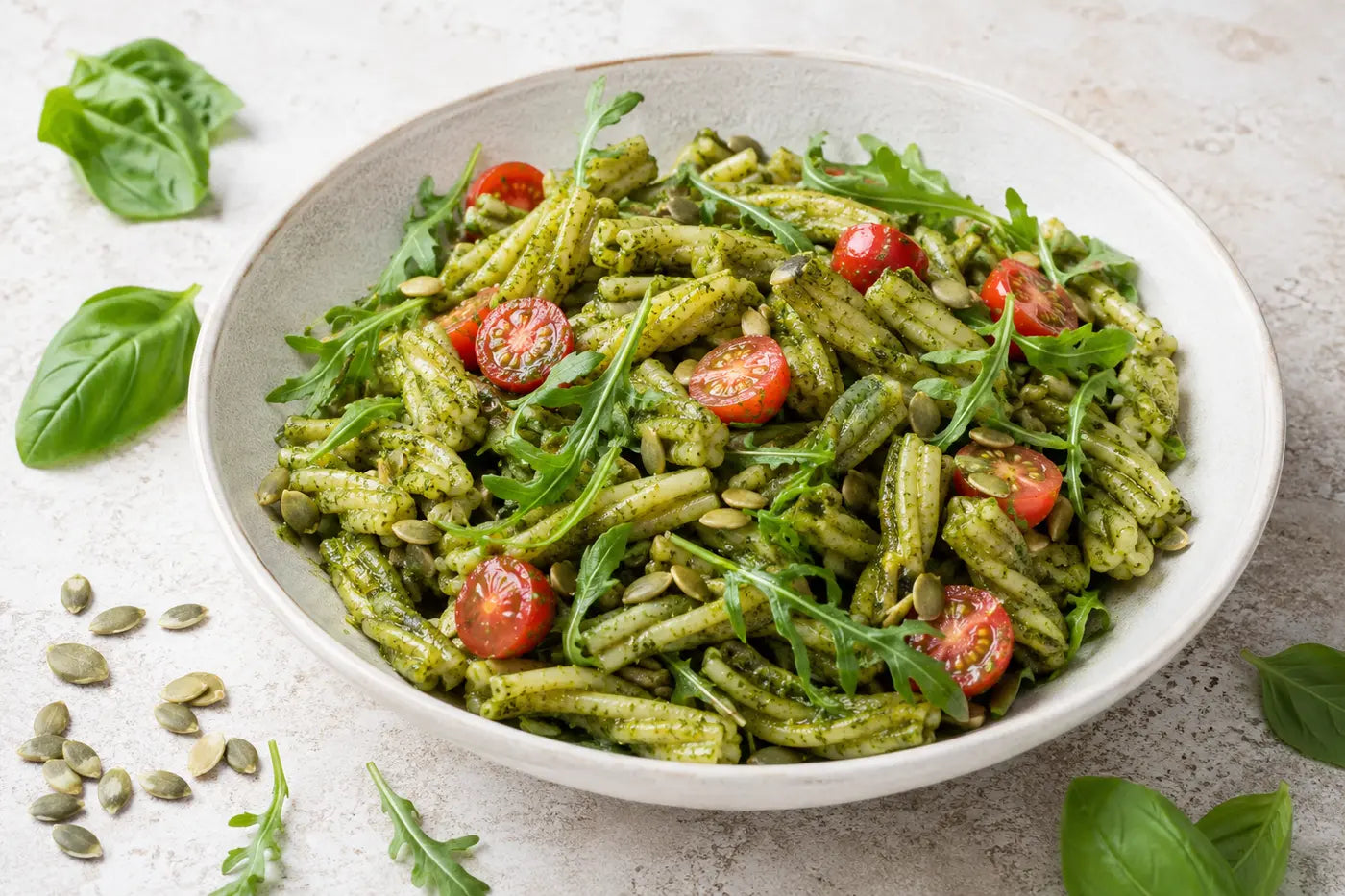 Pumpkin seed pesto pasta salad