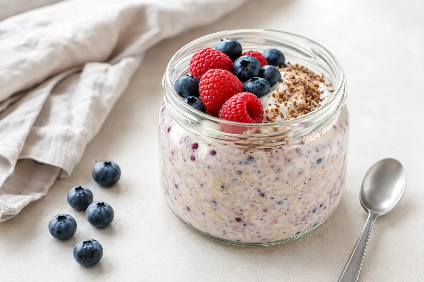 Berry overnight oats with flaxseed oil