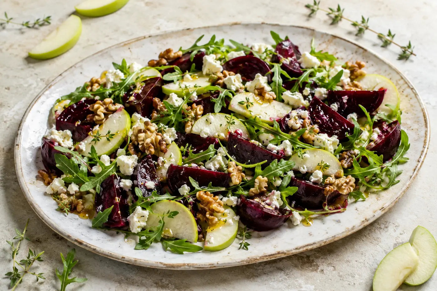 Roasted beetroot, apple and feta salad with milk thistle oil