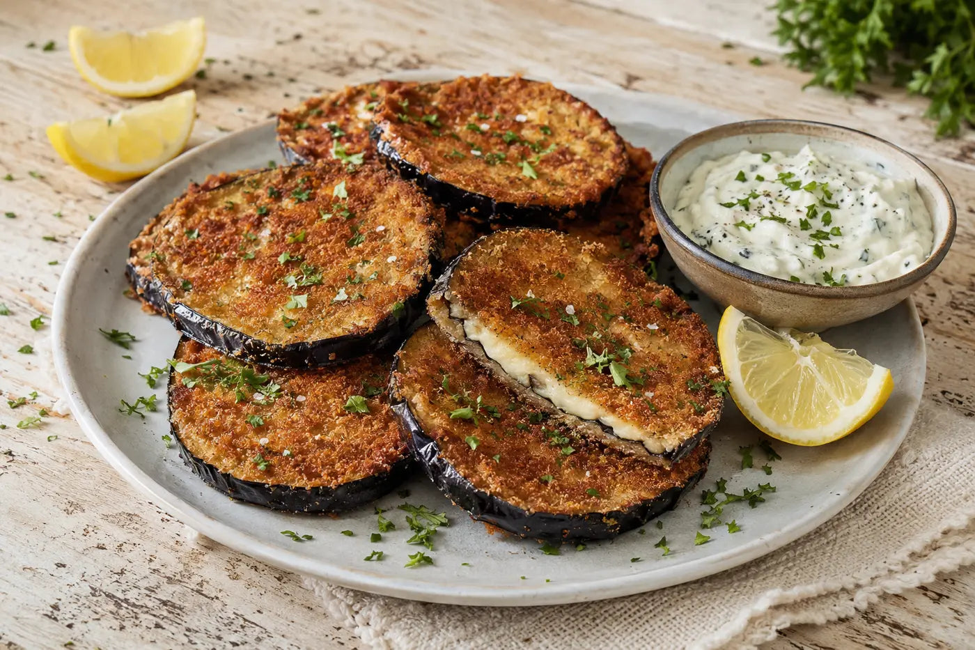 Crispy aubergine schnitzel with lemon yoghurt