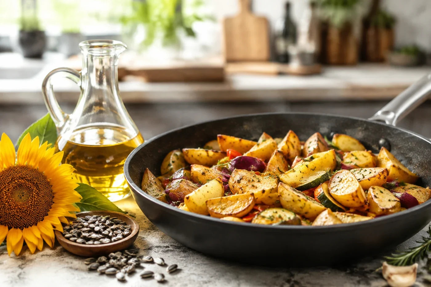 High-oleic sunflower oil with crisp potatoes, vegetables and sunflower seeds