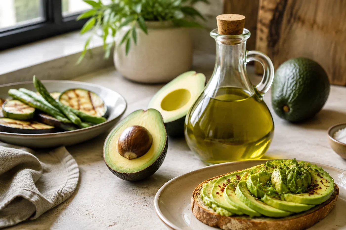 Cold pressed avocado oil with fresh avocado, avocado toast and grilled vegetables
