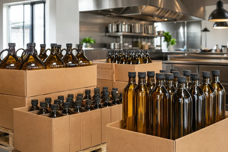 Wholesale cooking-oil bottles and cases in a professional kitchen