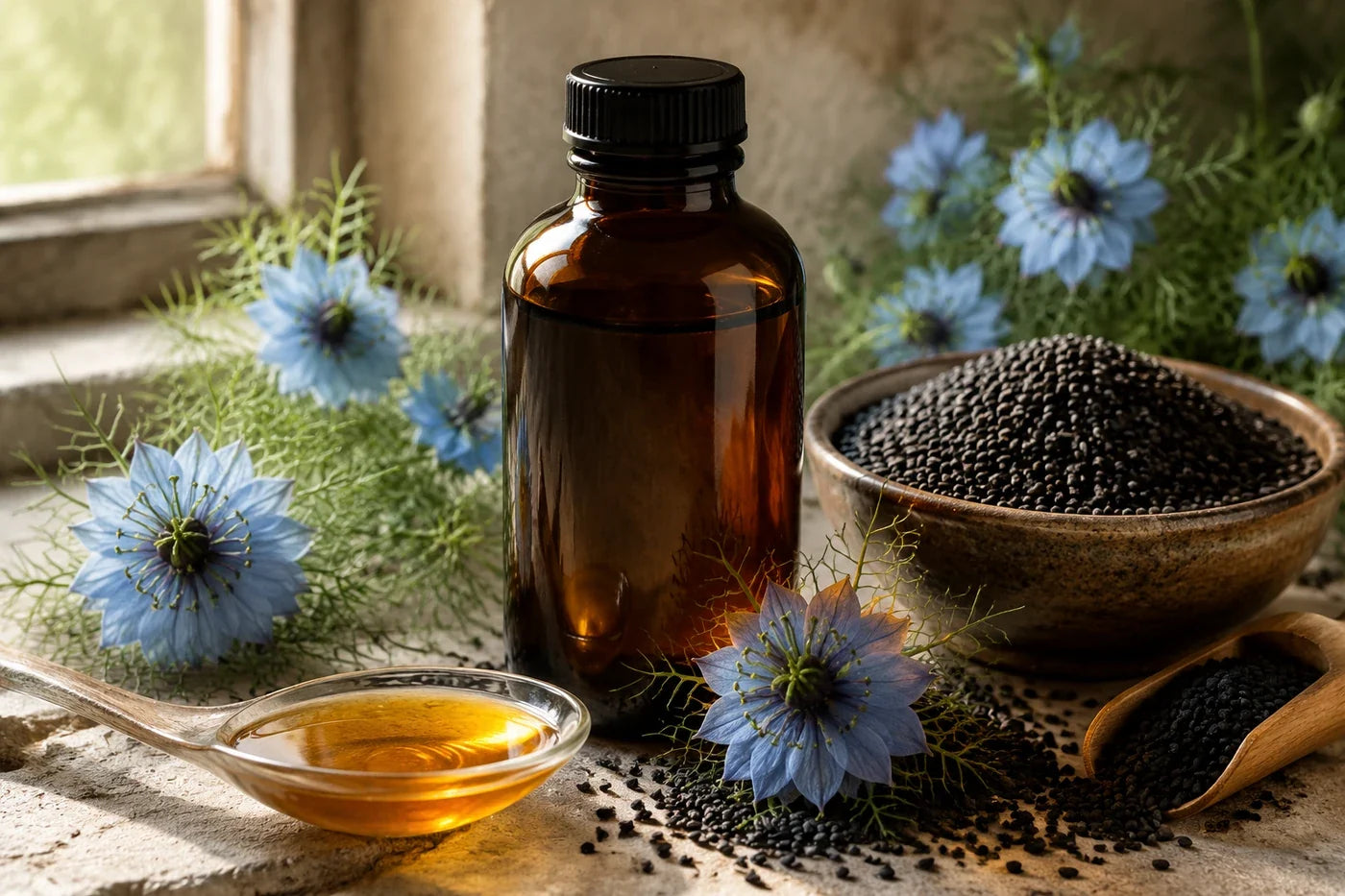 Black seed oil with Nigella sativa seeds and blue nigella flowers