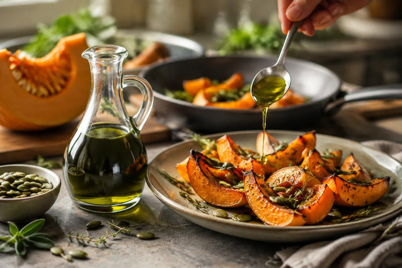 Pumpkin seed oil added to roasted pumpkin after cooking