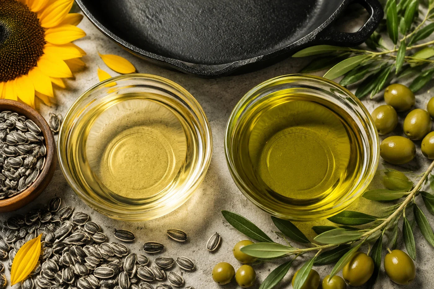 Sunflower oil and olive oil compared with sunflower seeds and fresh olives