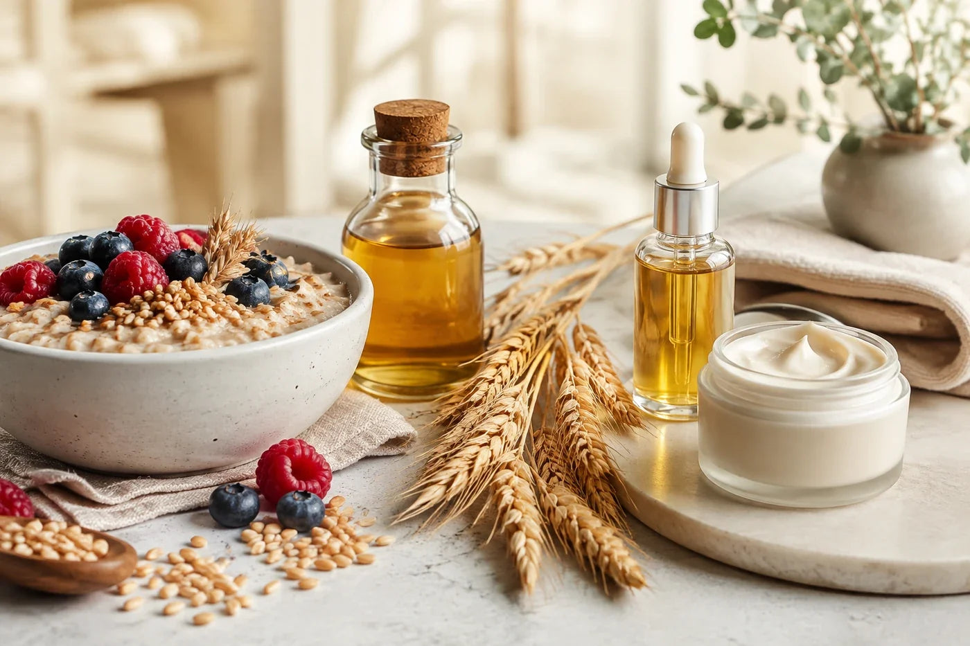 Food-grade and cosmetic wheat germ oil shown with porridge and skincare cream
