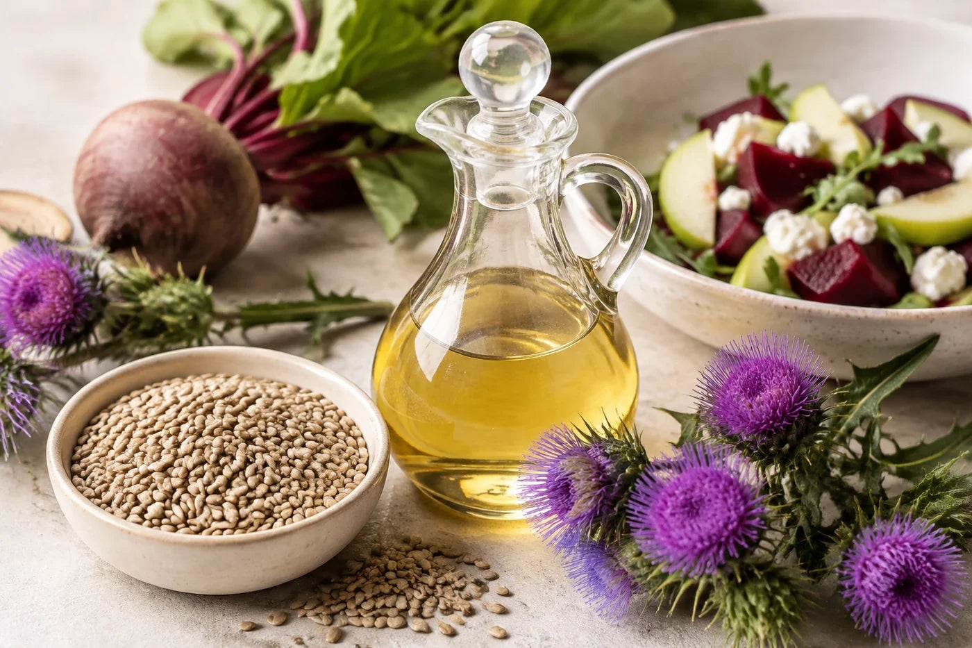 Milk thistle oil with milk thistle seeds, purple flowers and beetroot salad