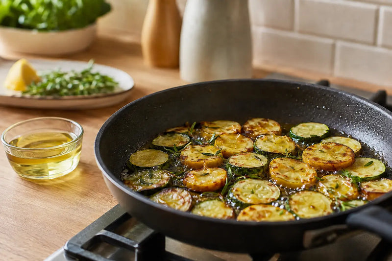 Vegetables frying in a pan with a high-heat cooking oil