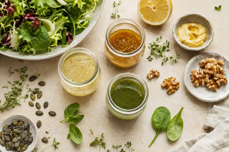 Several cold-pressed oils prepared as salad dressings