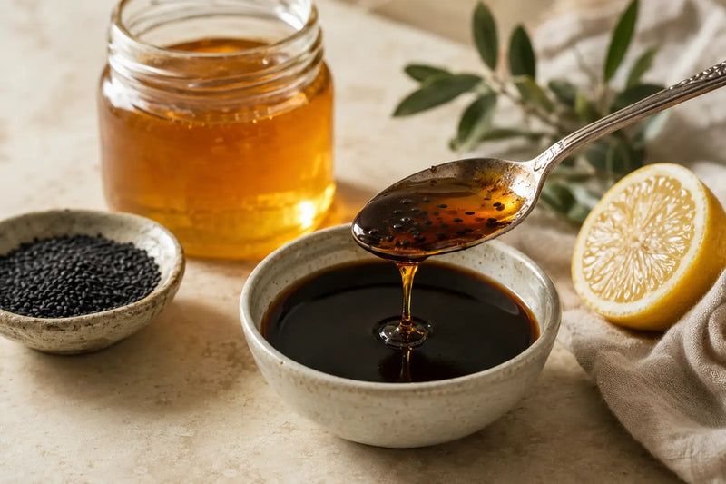 Black seed oil paired with honey, lemon and Nigella seeds