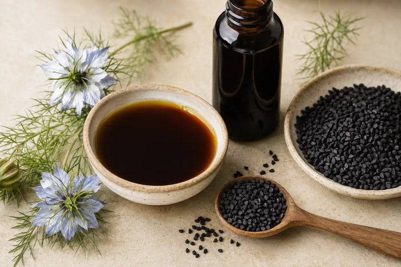 Black seed oil with Nigella sativa seeds and flowers