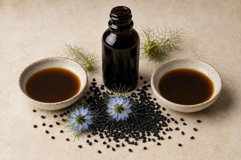 Two bowls of the same Nigella sativa oil beside black seeds