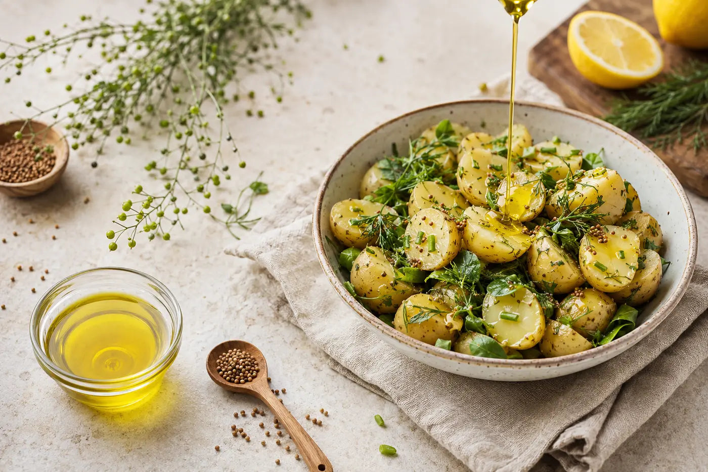 Camelina oil drizzled over a warm potato and herb salad