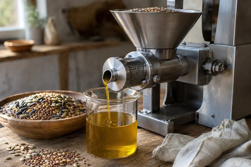 Seeds being cold pressed into fresh golden oil