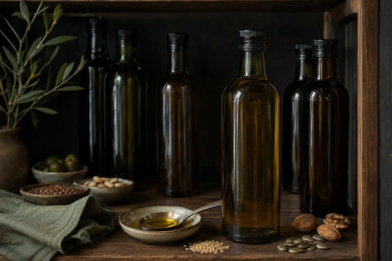 Dark glass cooking-oil bottles stored in a cool cupboard