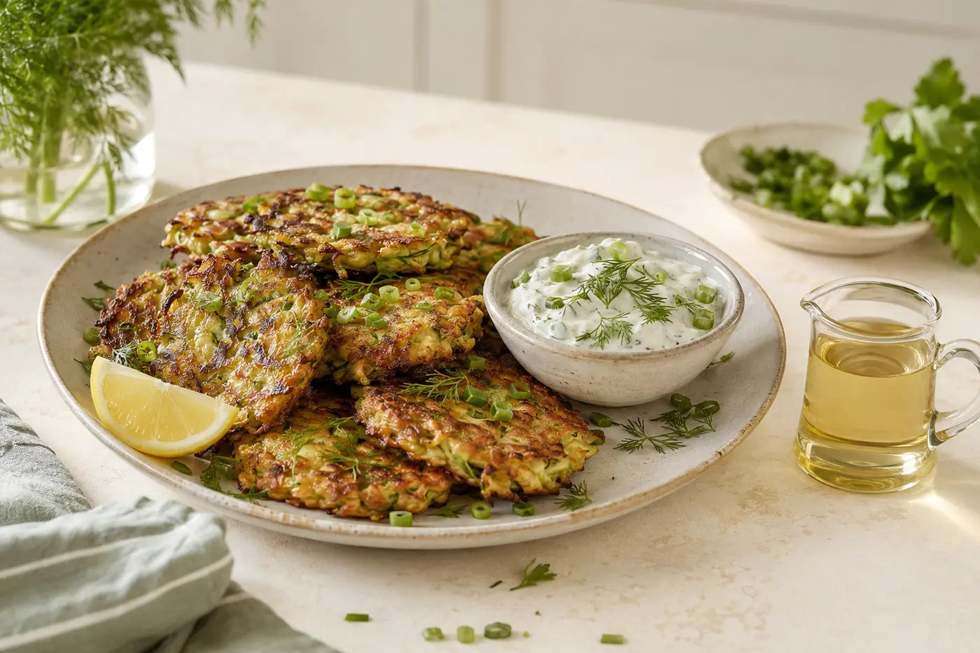Crispy courgette fritters with herby yoghurt sauce and high-oleic sunflower oil