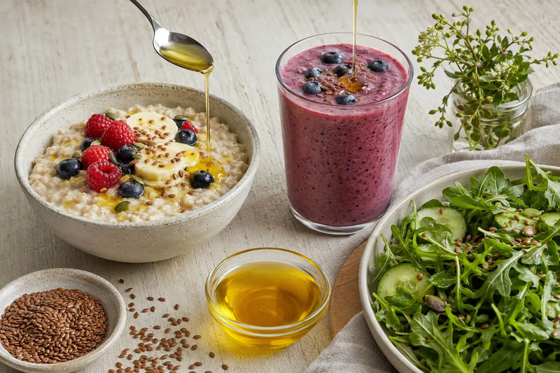 Flaxseed oil used raw with porridge, smoothie and salad