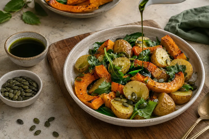 Dark green pumpkin seed oil drizzled over roasted vegetables
