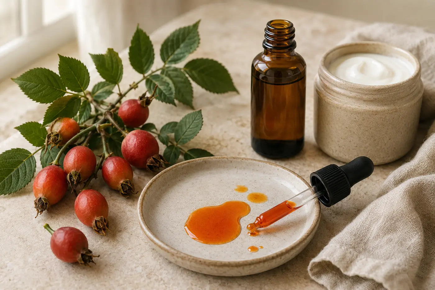 Rosehip oil with fresh rosehips and a simple moisturiser