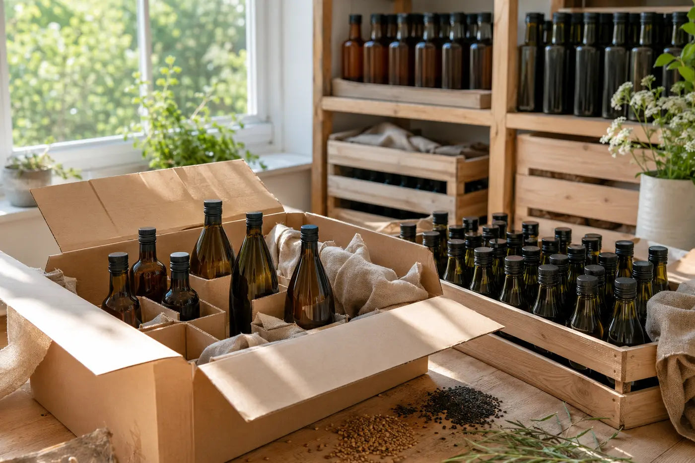 Fresh dark-glass oil bottles arriving for a summer restock