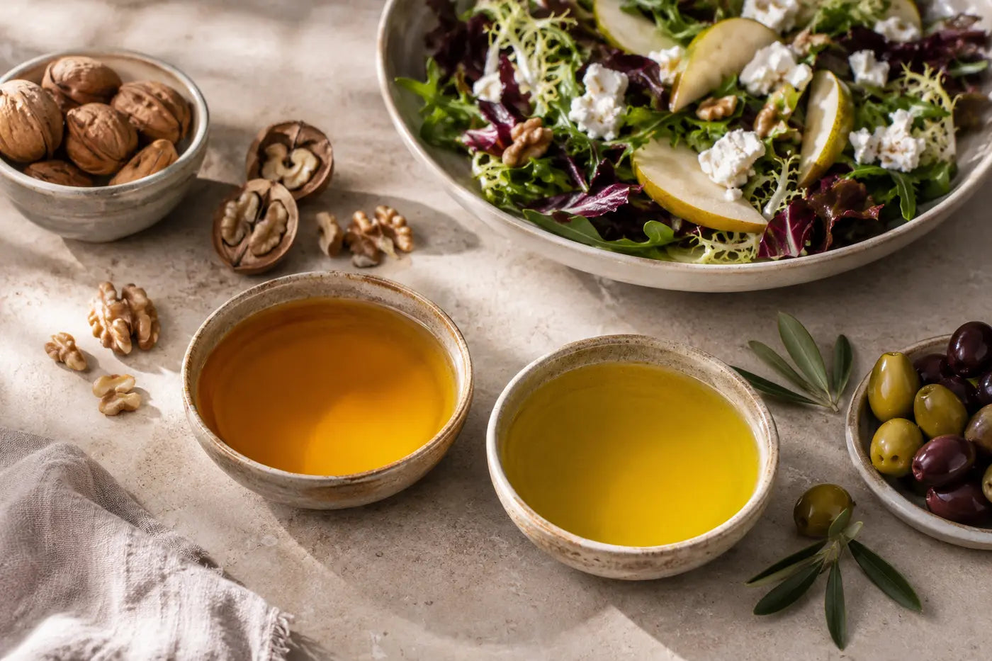 Walnut oil and olive oil compared with their ingredients