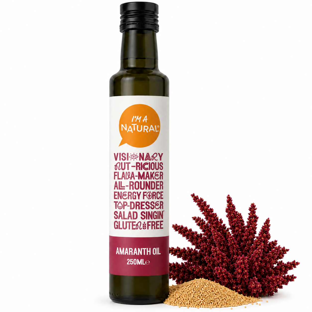 Amaranth Seed Oil 250ml with amaranth flowers and seeds