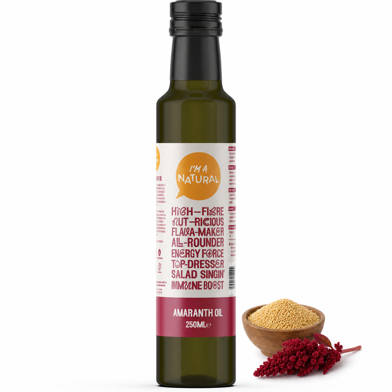 Amaranth Seed Oil 250ml bottle with amaranth seeds and flower