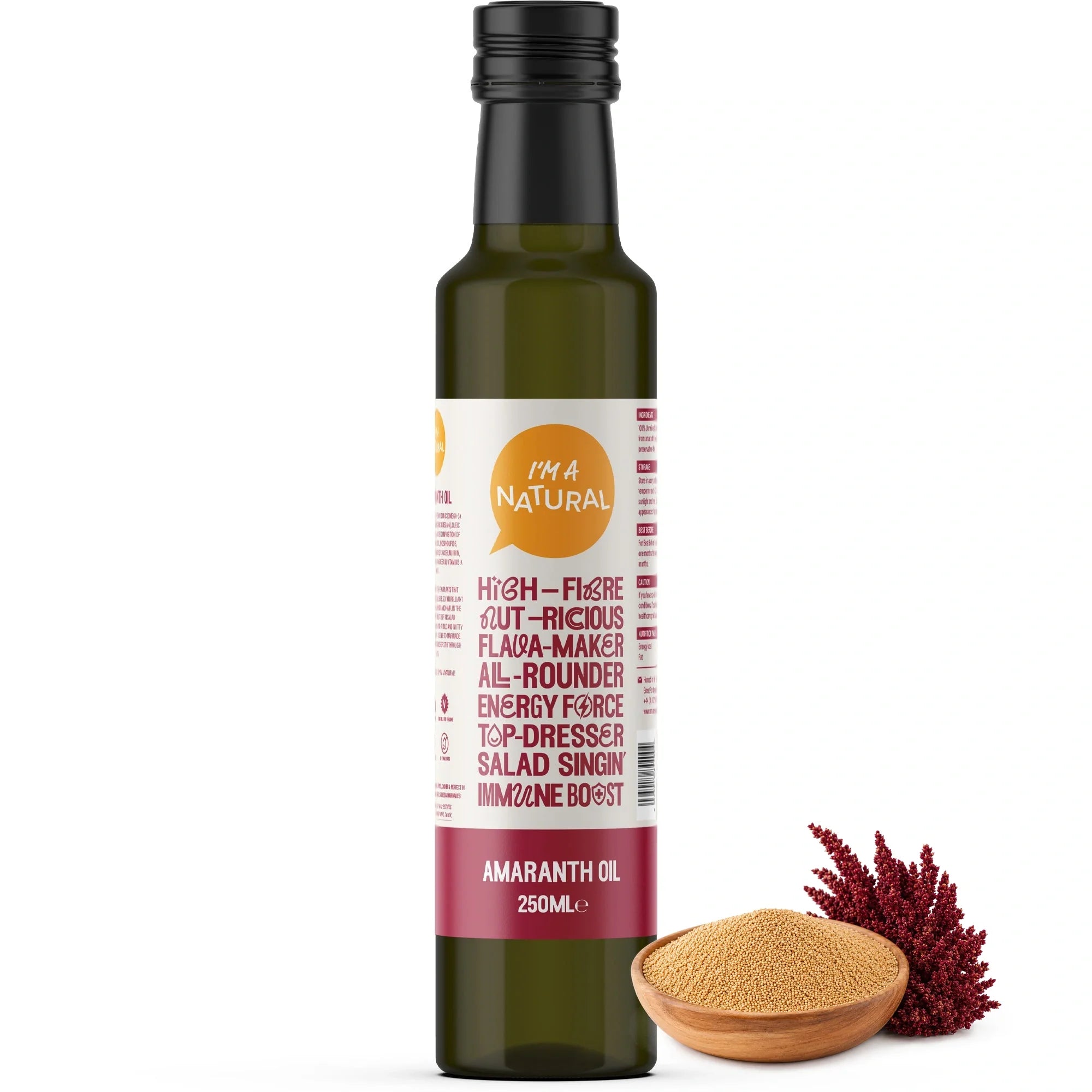 Amaranth Seed Oil 250ml bottle with amaranth seeds and burgundy flowers