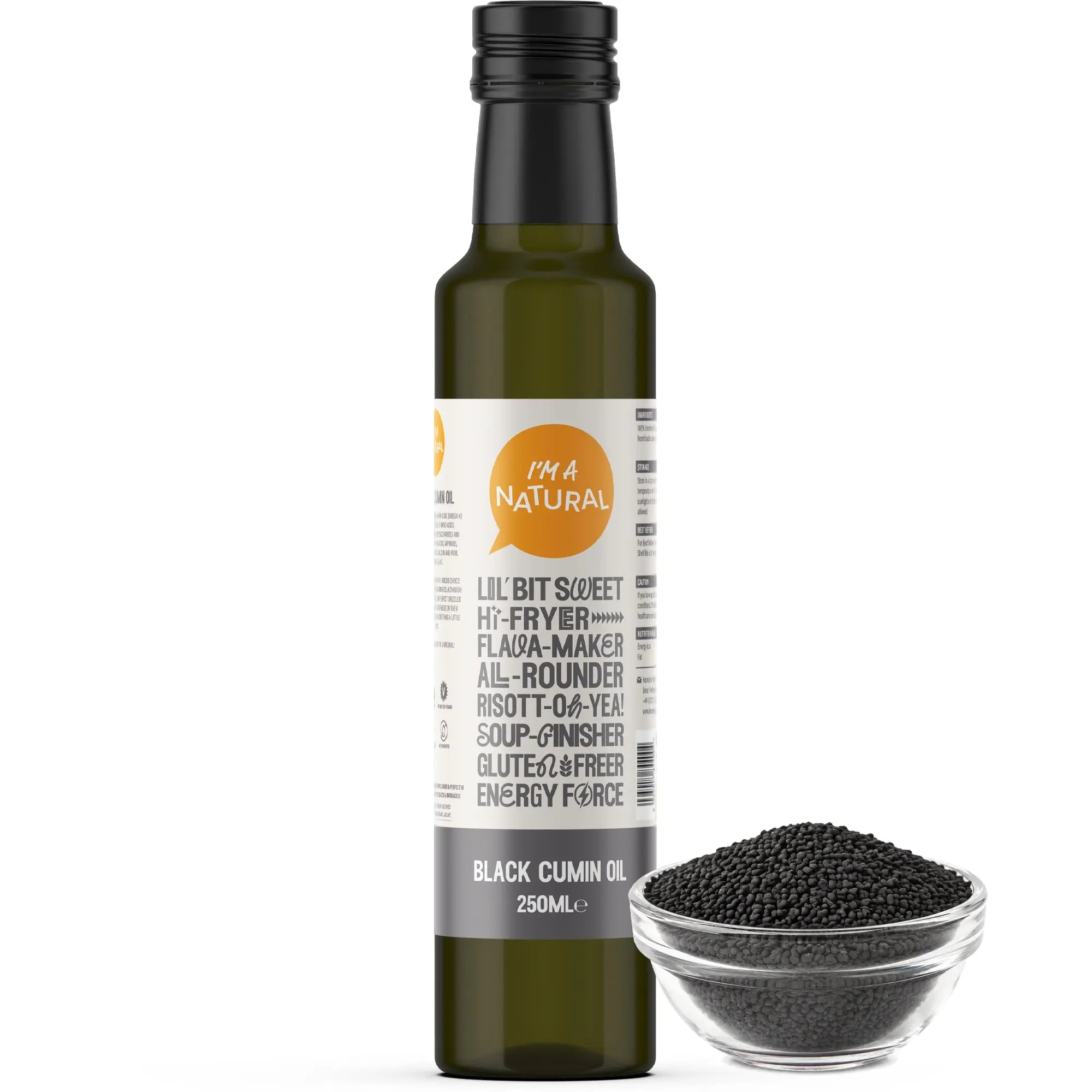 Black Seed Oil 250ml bottle with black cumin seeds in a glass bowl