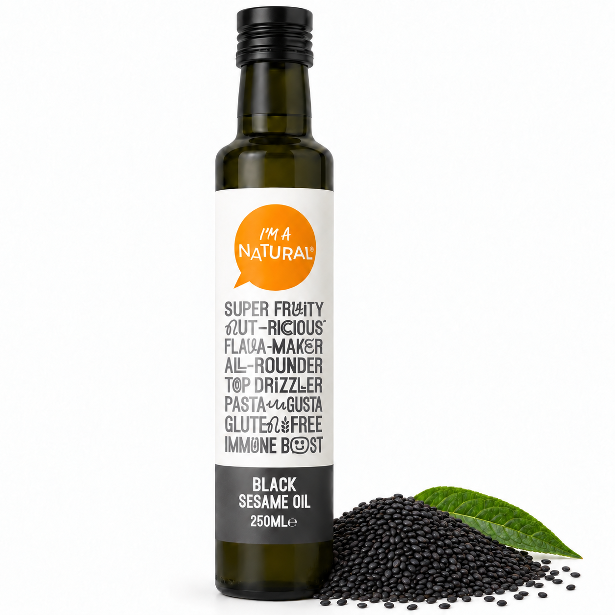 I'm a Natural Black Sesame Oil 250ml bottle with uniform black sesame seeds and fresh sesame leaf