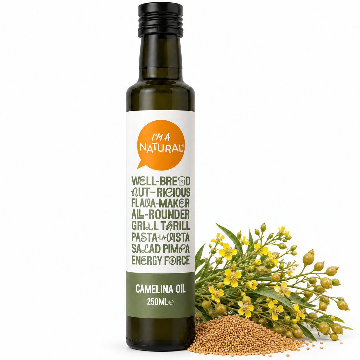 I'm a Natural Camelina Oil 250ml bottle with camelina seeds and yellow flowering sprigs