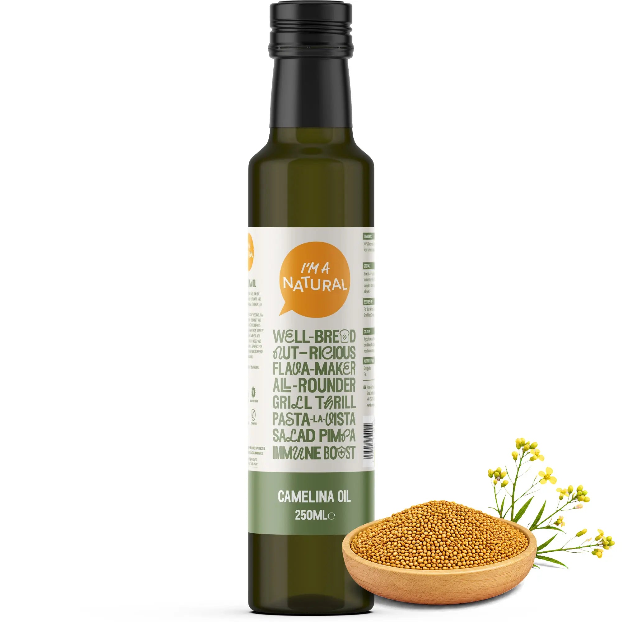 Camelina Seed Oil 250ml bottle with camelina seeds and flowers