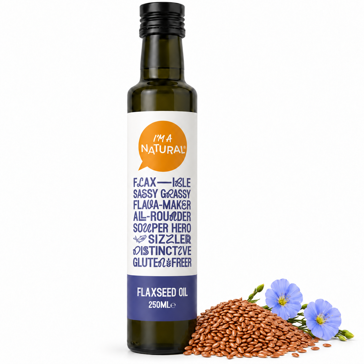 Flaxseed Oil 250ml with a larger arrangement of flax seeds and blue flax flowers