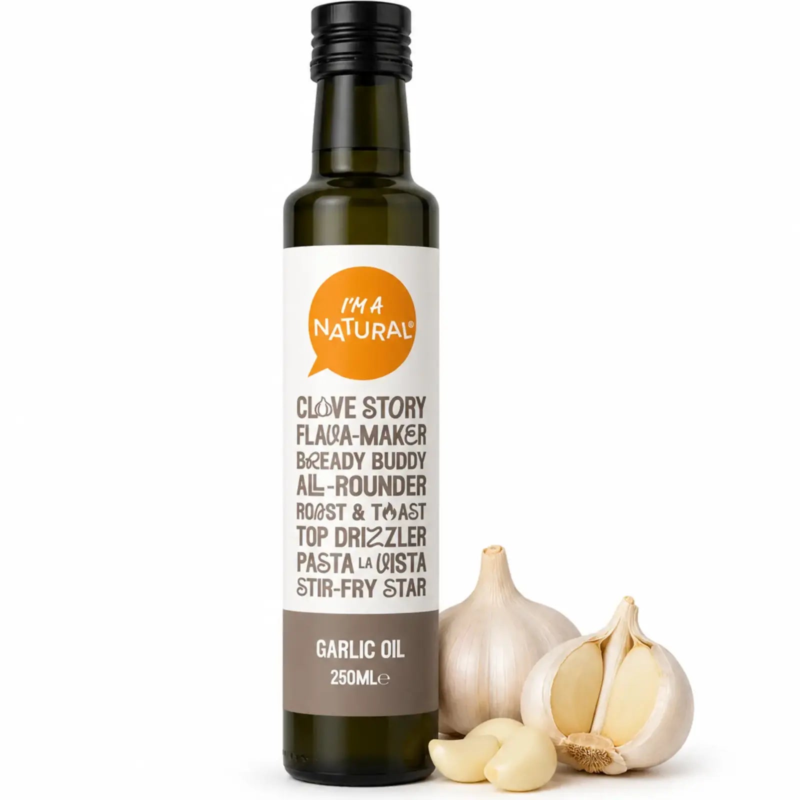 I'm A Natural Garlic Oil 250ml with fresh garlic bulbs and cloves