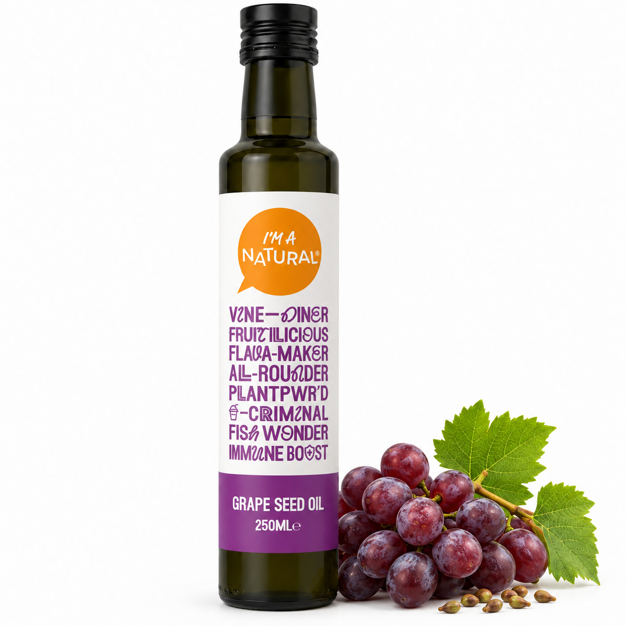 I'm a Natural Grapeseed Oil 250ml bottle with ripe grapes, vine leaves and grape seeds