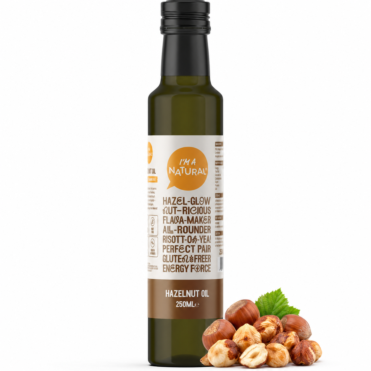 Hazelnut Oil 250ml with whole and roasted hazelnuts
