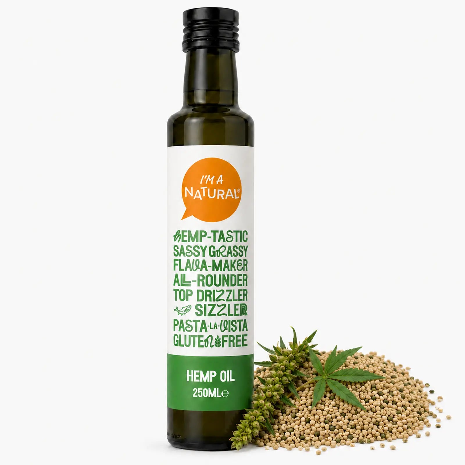 I'm A Natural Hemp Seed Oil 250ml with edible hemp seeds, a seed-bearing sprig and a small botanical hemp leaf
