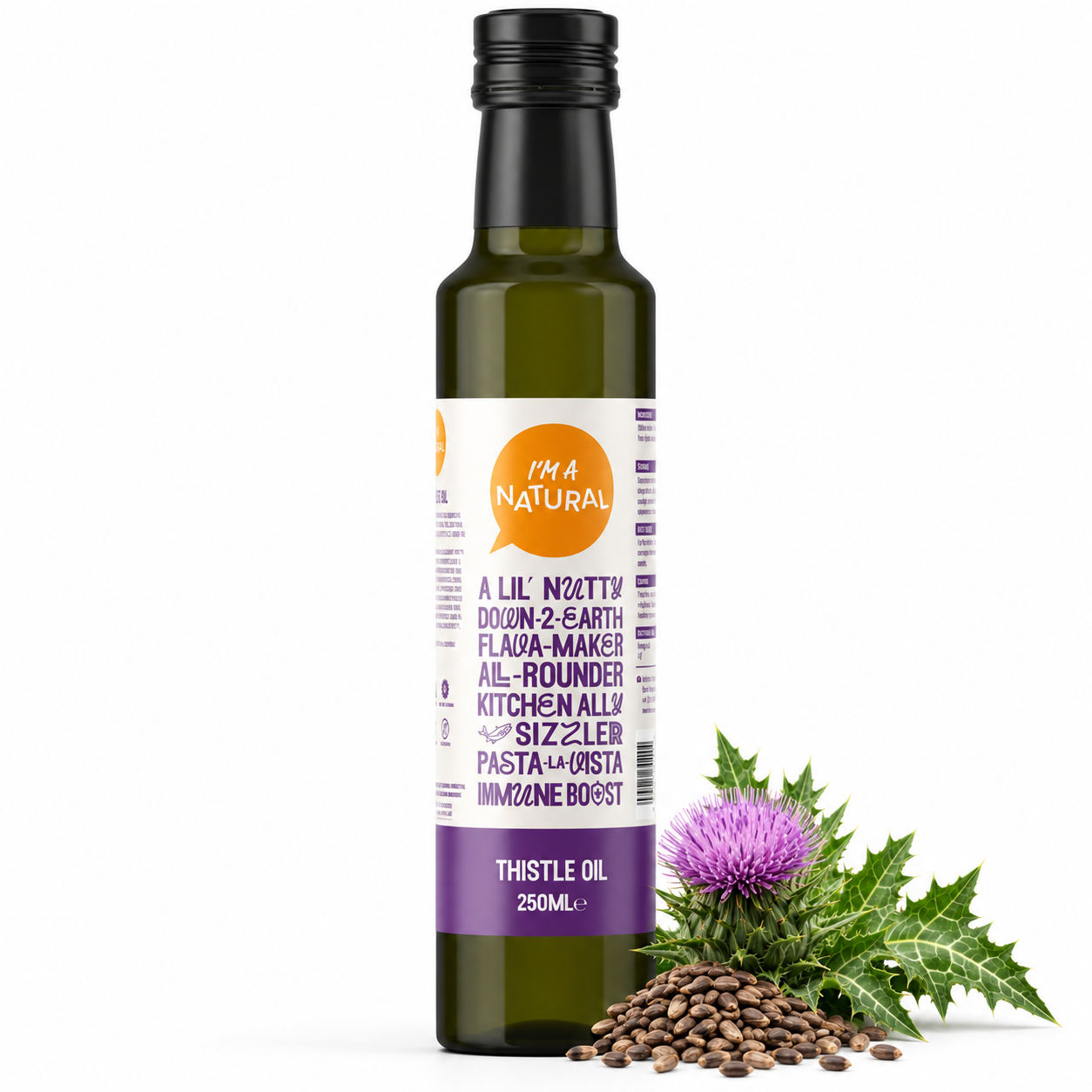 Milk Thistle Oil 250ml with milk thistle flower, leaves and seeds