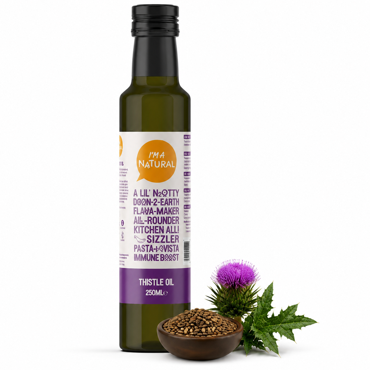 Milk Thistle Oil 250ml bottle with milk thistle seeds and flower