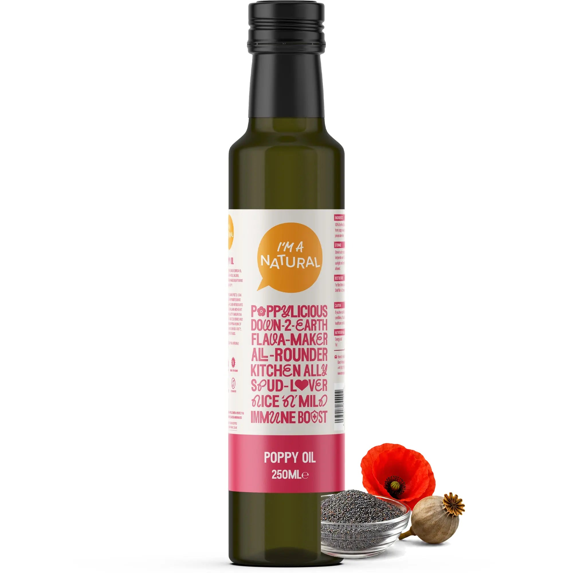 Poppy seed oil 250ml with poppy seeds and flower