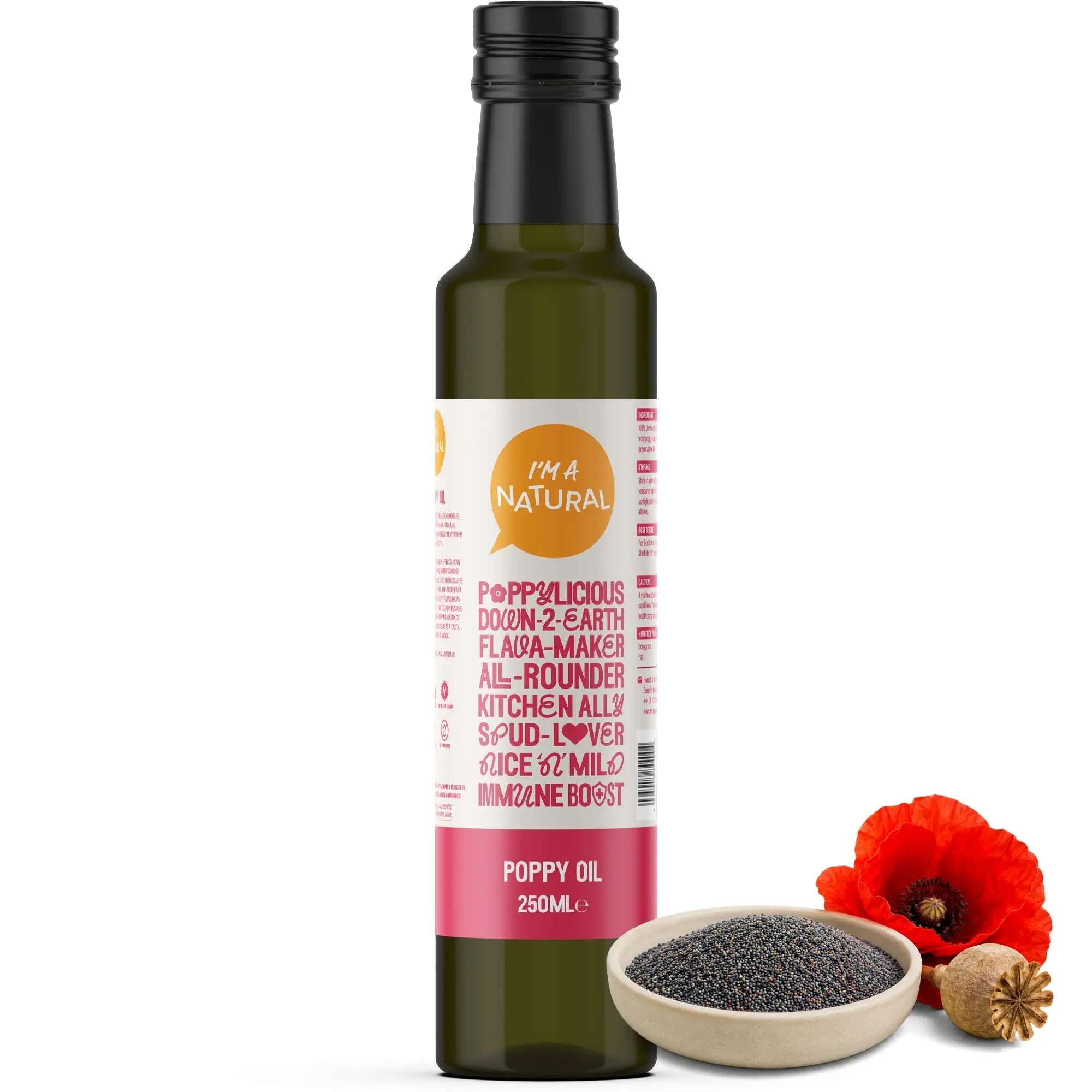 Poppy Seed Oil 250ml with poppy seeds, flower and seed pod