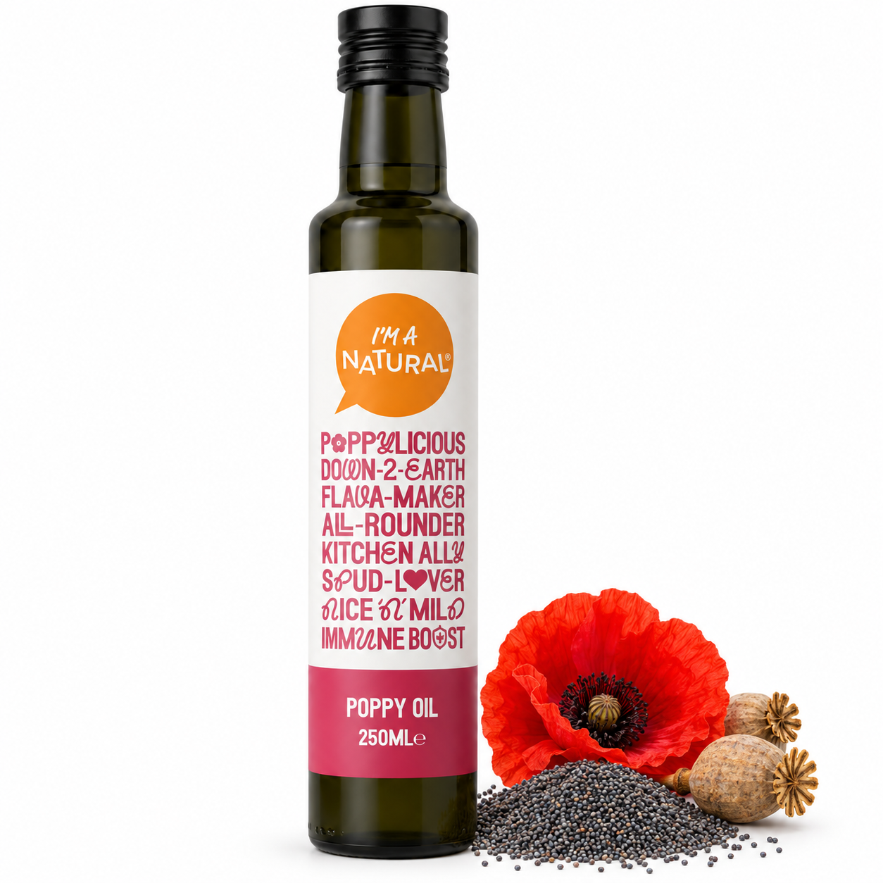 I'm a Natural Poppy Seed Oil 250ml bottle with poppy flower, seed pods and poppy seeds