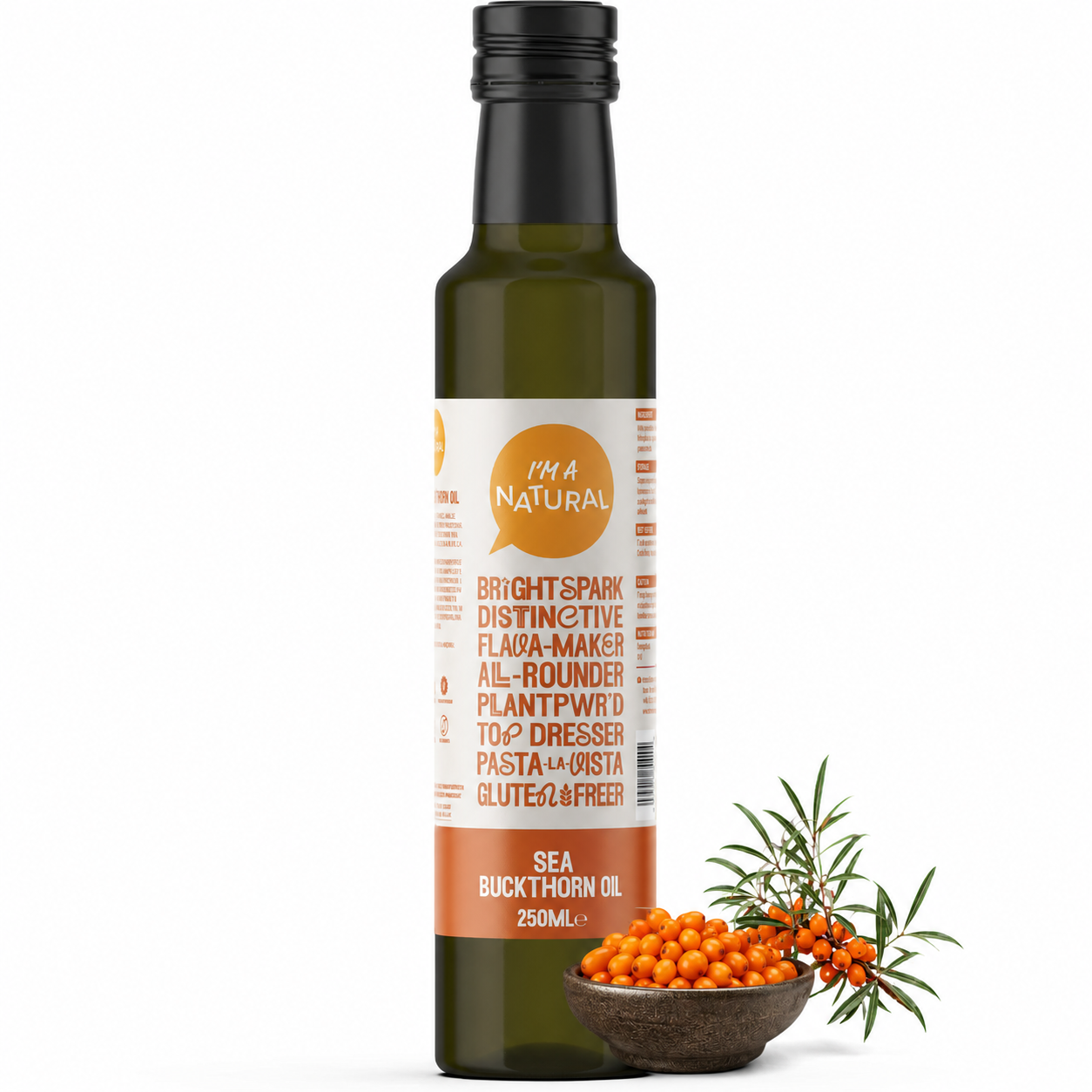 Sea Buckthorn Oil 250ml bottle with sea buckthorn berries