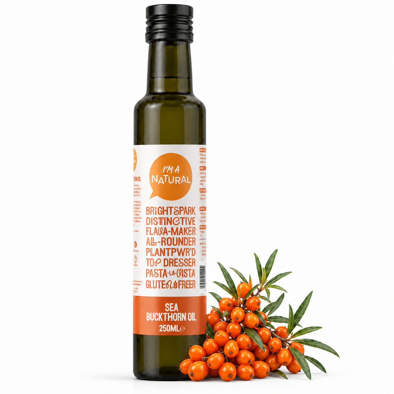 Sea Buckthorn Oil 250ml with ripe orange sea buckthorn berries and natural bottle